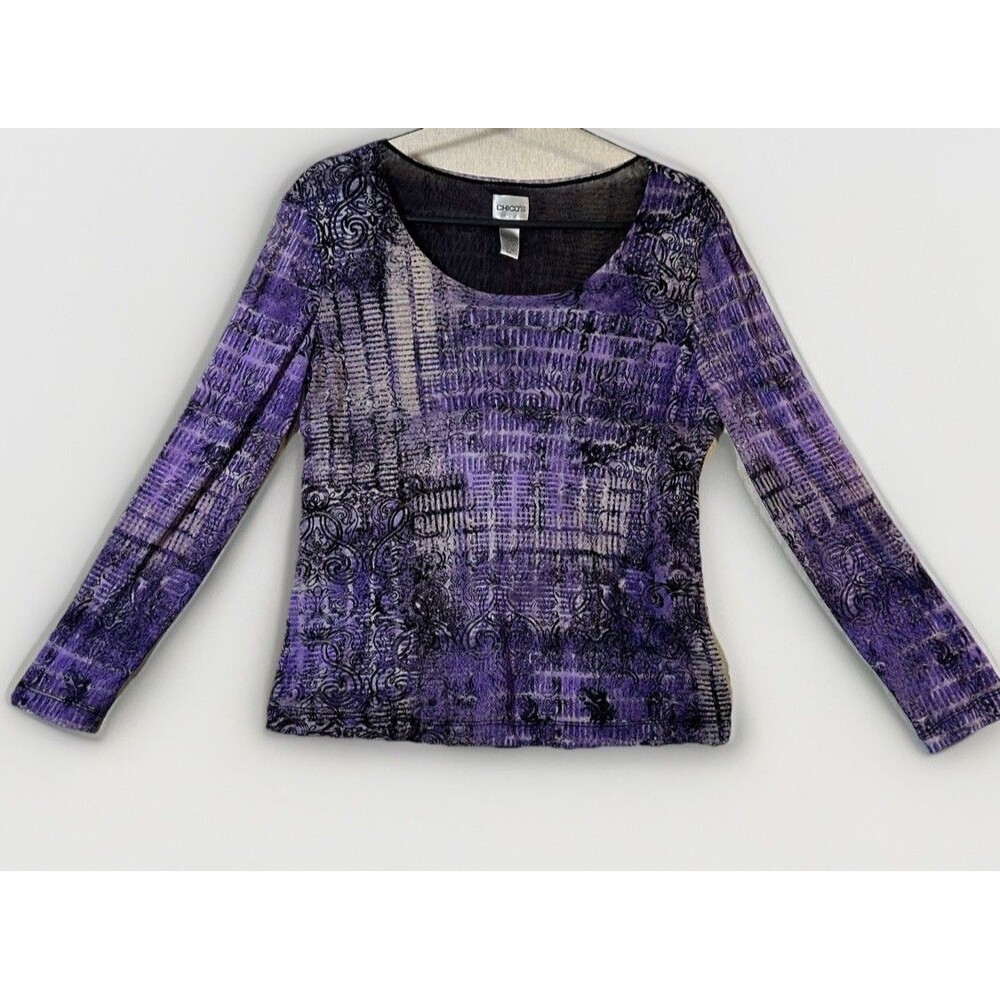 Chico’s Size 1 Black Purple Mesh Long Sleeve Slinky Top Whimsygoth Y2K